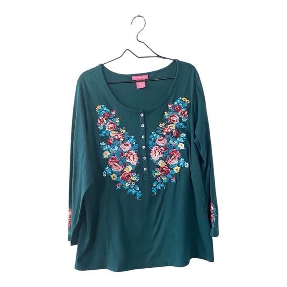 Woman Within Green Floral Embroidered Henley Top Women’s Plus Size 1X Shirt - Picture 1 of 8